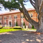 large brick building and large tree