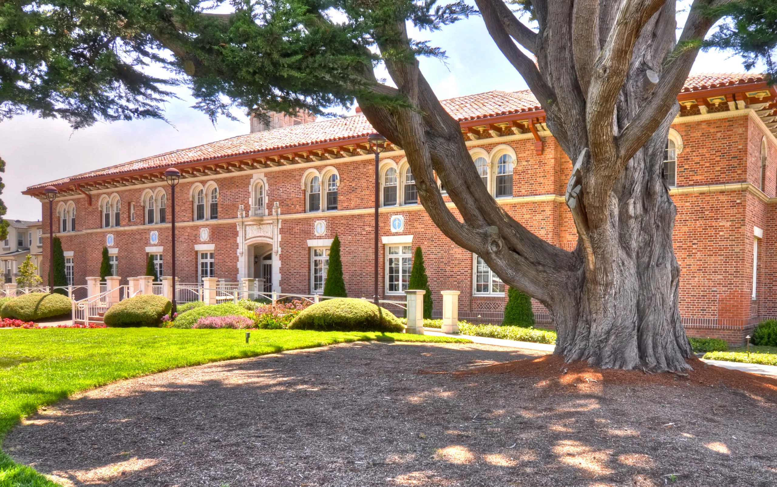 large brick building and large tree